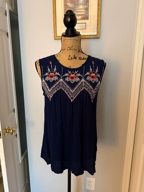 St. John's Bay Navy Sleeveless Tank with Red & White Embroidery